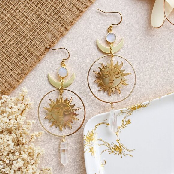 🆕️Celestial Sun Moon Quartz Crystal Dangle Earrings Boho Chic Trendy Jewelry - Picture 8 of 10